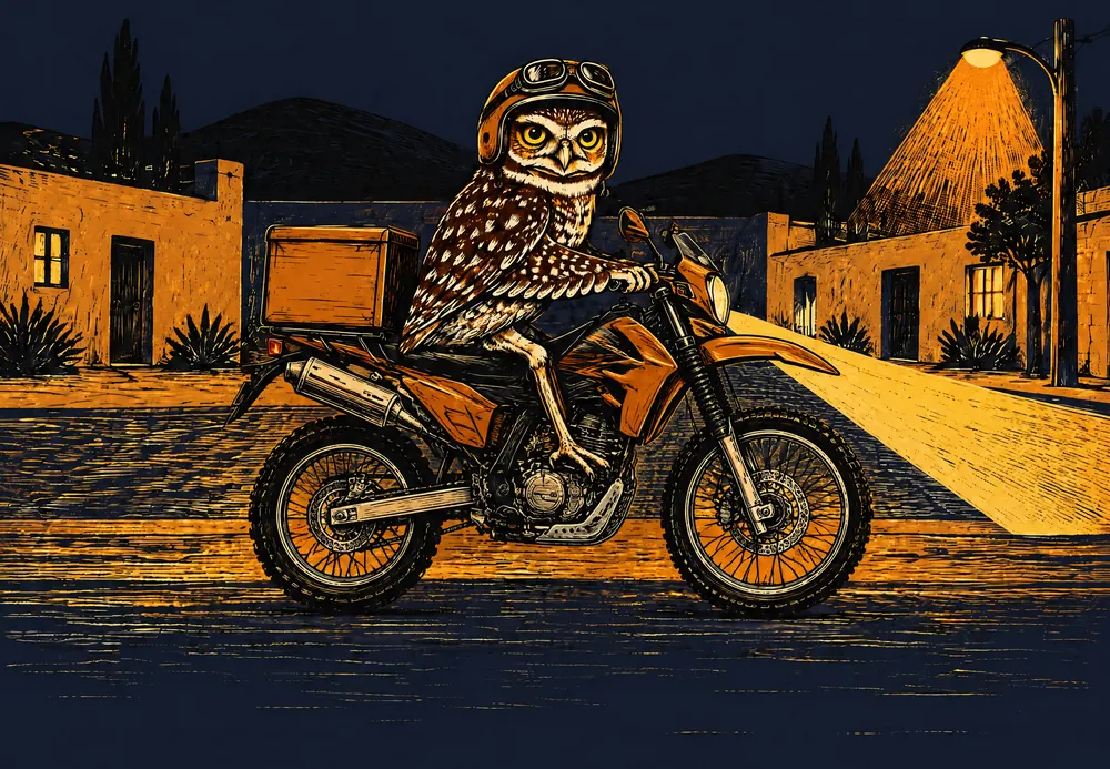La lechuza de Trasnoche Mandados en moto, de noche por una calle de Tandil